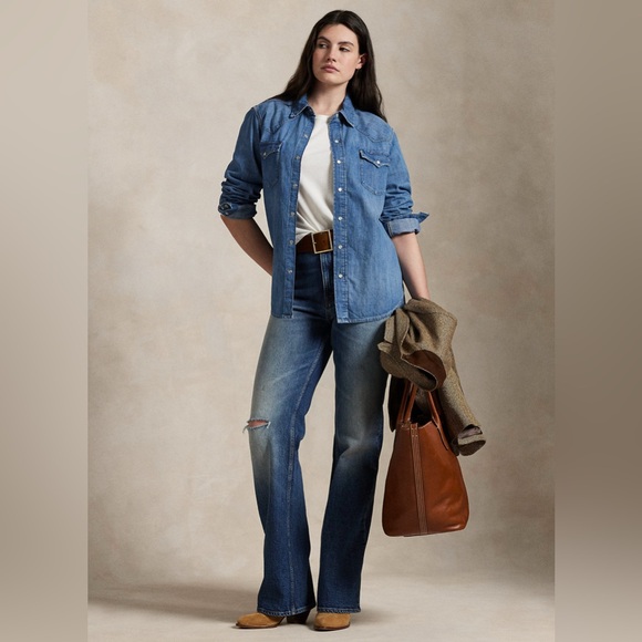 Polo Ralph Lauren Denim Western Shirt Pearl Snap Button Up Top Shirt Women’s XL - Picture 3 of 16